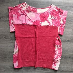 Ted Baker Womens Sweater Size 2 Red Pink Floral Crew Neck Blouse Cap Sleeve